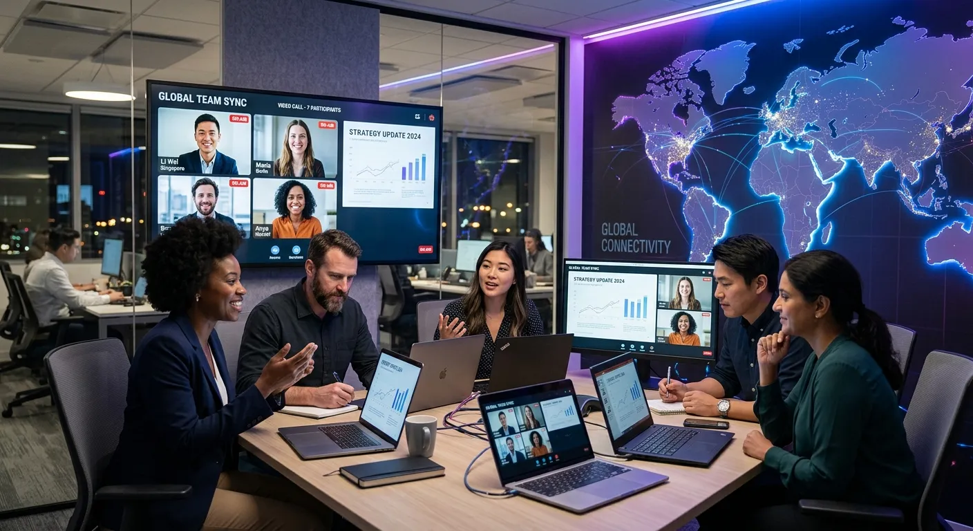 A diverse team of professionals collaborating over video call on multiple screens, with a world map in the background. Style: Modern, corporate, dynamic, with a blue and purple color accent.
