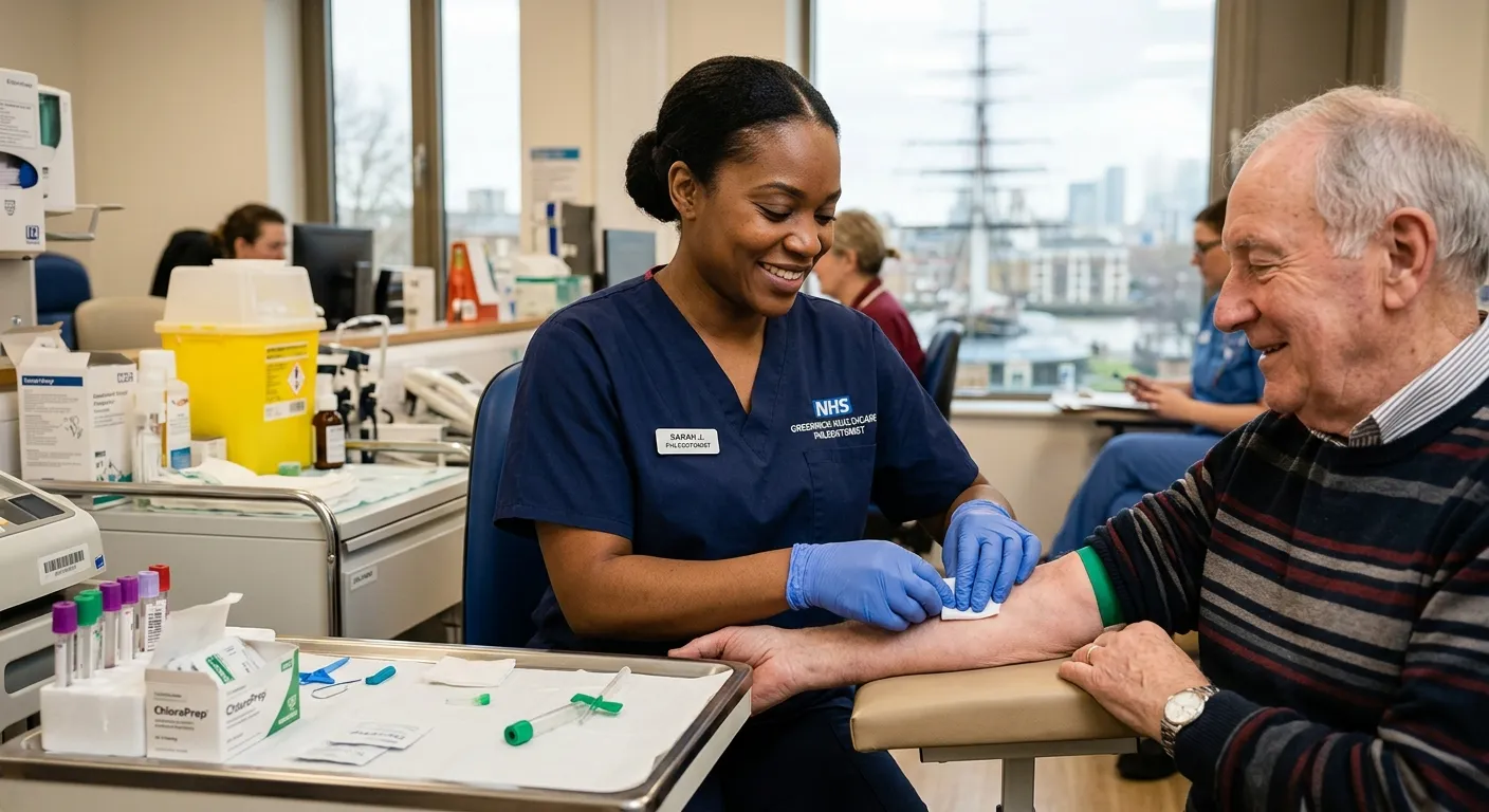 A professional, confident Phlebotomist in a clinical setting in Greenwich, carefully preparing to ta... A professional, confident Phlebotomist in a clinical setting in Greenwich, carefully preparing to take a blood sample from a patient, showcasing a calm and skilled demeanor. Style: professional healthcare photography with warm, natural lighting.