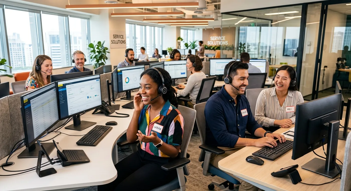 A professional, high-energy photo of a diverse team of customer service agents in a modern call cent... A professional, high-energy photo of a diverse team of customer service agents in a modern call center, smiling and wearing headsets. Style: Bright, professional, with a focus on teamwork and technology.