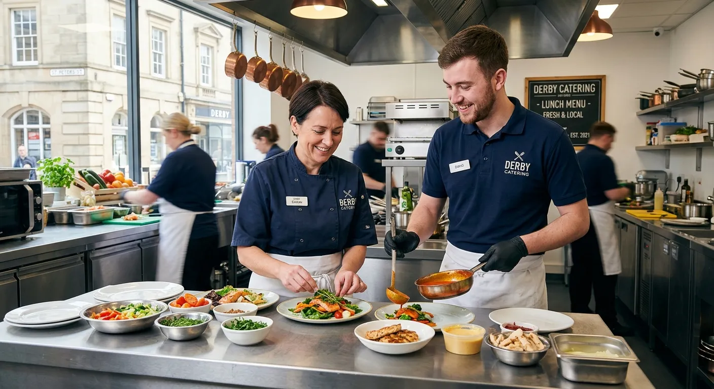 A professional, welcoming photo of a Chef and Catering Assistant team in a bright, modern kitchen in Derby, confidently preparing fresh meals. The image should convey teamwork, hygiene, and a busy, professional environment.