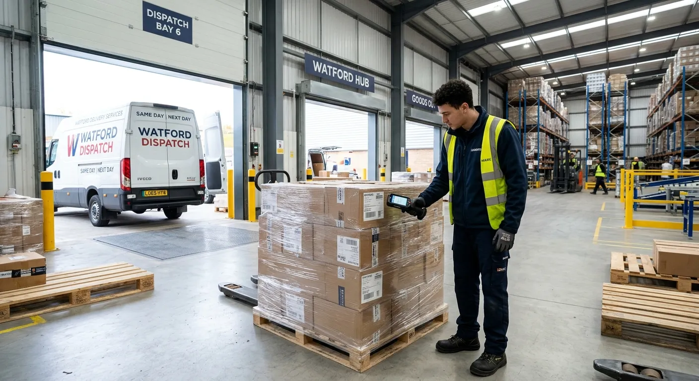 A modern, well-lit warehouse dispatch bay in Watford, showing an operative using a handheld scanner on a packed pallet, with a branded delivery vehicle in the background. Focus on technology and efficiency.