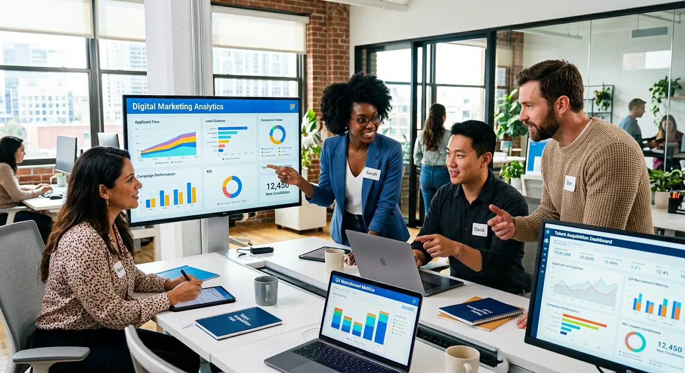 A dynamic, modern photo of a diverse team of recruitment professionals in a bright office, collabora... A dynamic, modern photo of a diverse team of recruitment professionals in a bright office, collaborating over digital marketing dashboards on multiple screens, showing graphs and analytics. Style: Professional, vibrant, and focused.