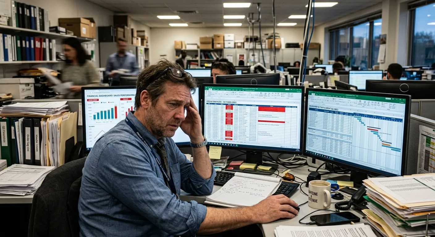 A stressed team manager looking at multiple computer screens showing order backlog and financial spr... A stressed team manager looking at multiple computer screens showing order backlog and financial spreadsheets, in a cluttered office environment.