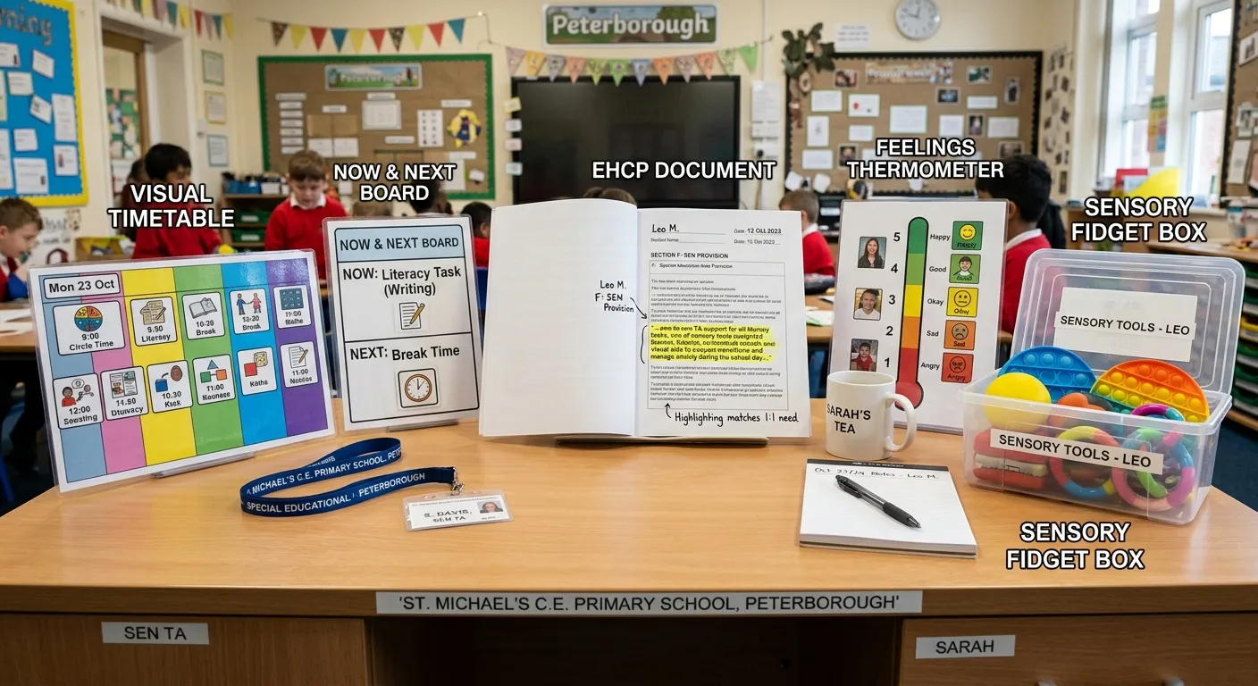 A detailed, annotated photograph of a well-organised SEN TA's workstation in a Peterborough primary school. On the desk are a visual timetable, a 'now and next' board, a feelings thermometer, a box of sensory fidget tools, and an open EHCP document with a section highlighted.
