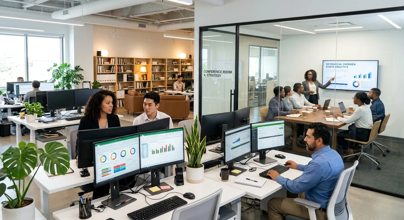 A modern, well-organized back office with a diverse team of professionals working collaboratively. S... A modern, well-organized back office with a diverse team of professionals working collaboratively. Some are at desks with multiple monitors showing data analytics and accounting software, others are in a meeting at a glass-walled conference room. The style is bright, professional, and tech-forward.