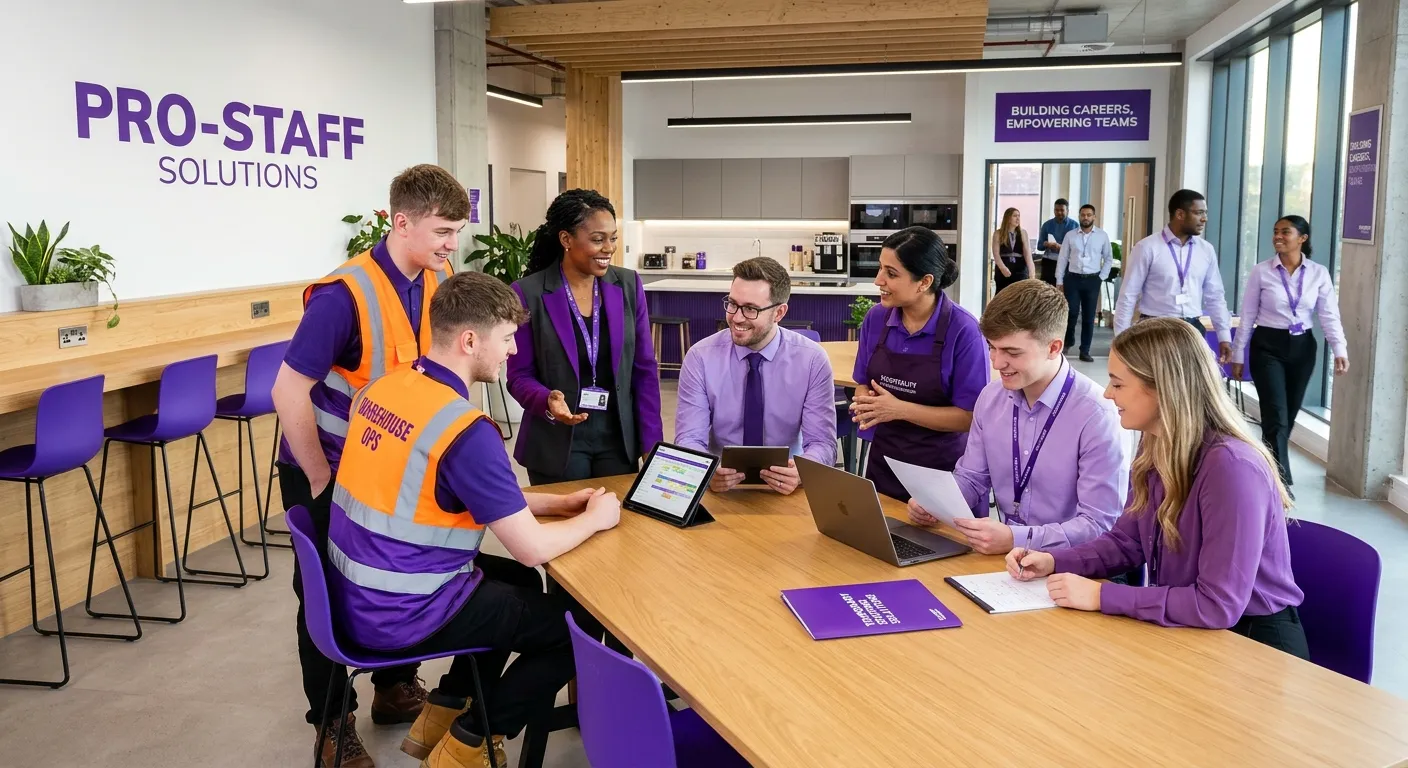 A modern UK recruitment scene showing a professional temp staff agency team, warehouse workers, hosp... A modern UK recruitment scene showing a professional temp staff agency team, warehouse workers, hospitality staff, and office administrators collaborating, clean minimalist design, royal purple accents, bright high-contrast lighting, trustworthy and efficient workforce mood