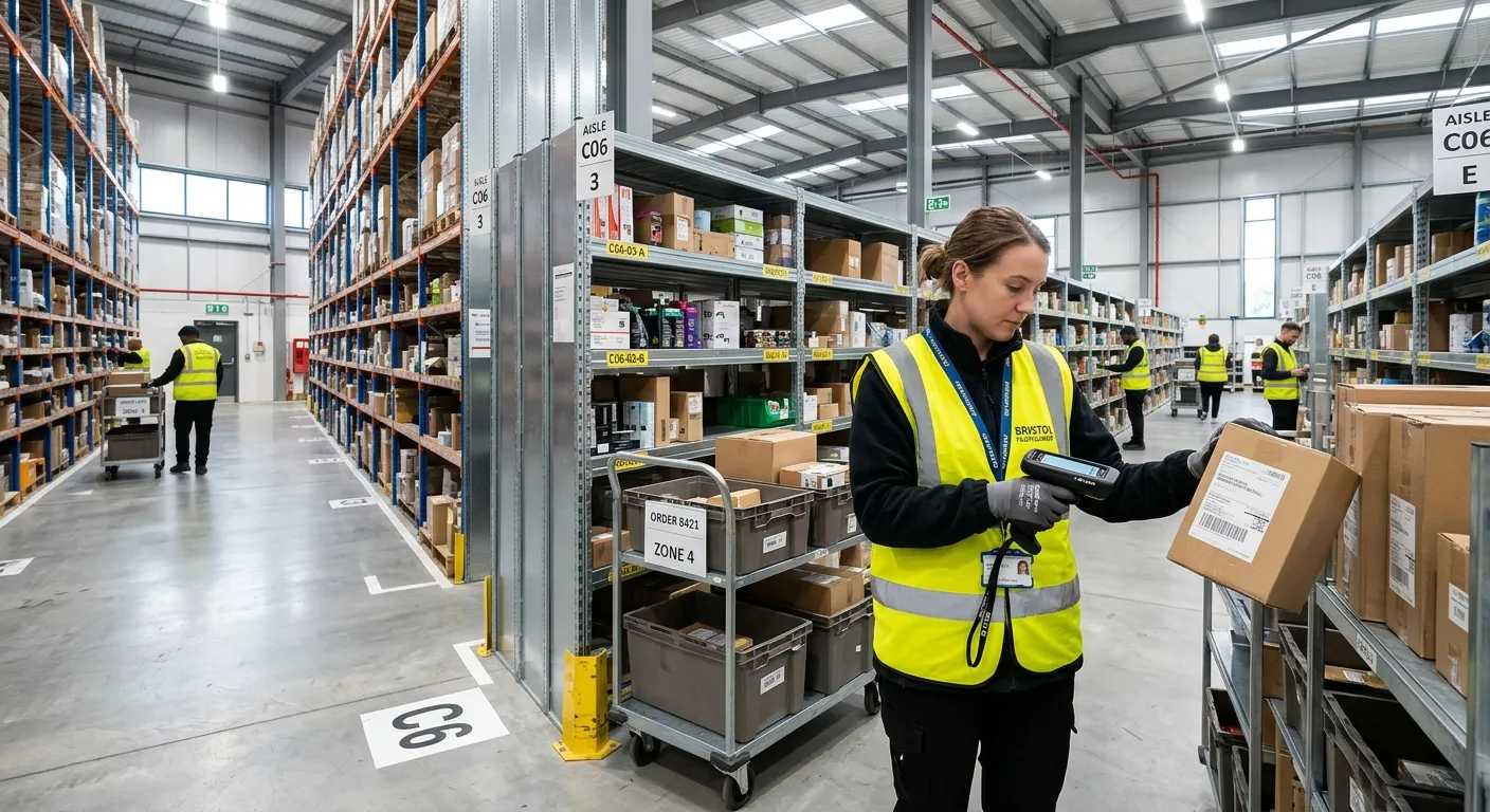 A professional photograph of a modern Bristol warehouse interior with clean aisles, labelled shelvin... A professional photograph of a modern Bristol warehouse interior with clean aisles, labelled shelving, workers wearing hi-vis vests, and an RF scanner being used to pick orders