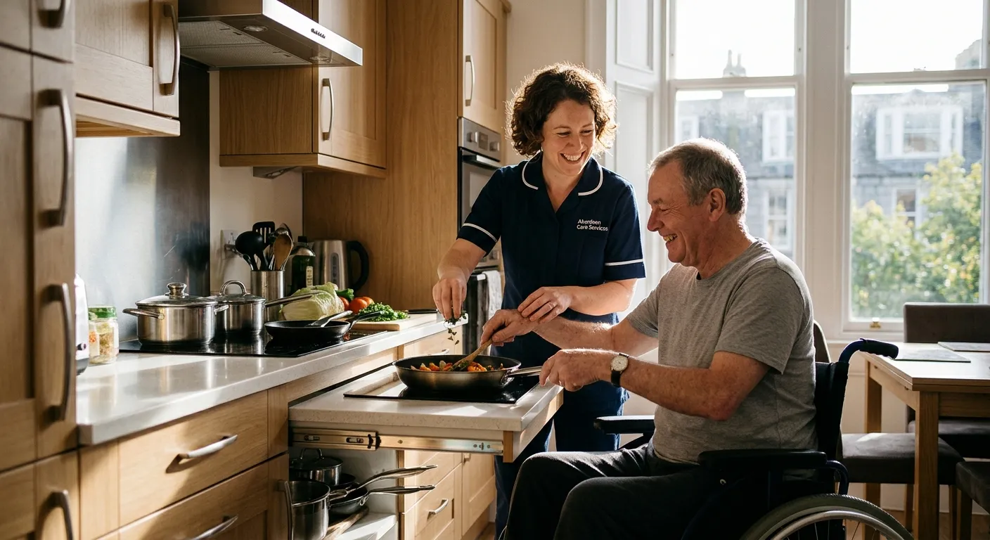 A compassionate Support Worker in Aberdeen smiling while assisting a client with preparing a meal in a modern, accessible kitchen. Sunlight streams through the window.