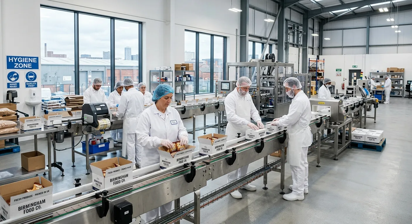 A modern, well-lit food production facility in Birmingham, showing a team of operatives in hygienic... A modern, well-lit food production facility in Birmingham, showing a team of operatives in hygienic white uniforms working efficiently on a packaging line, conveying professionalism and cleanliness.