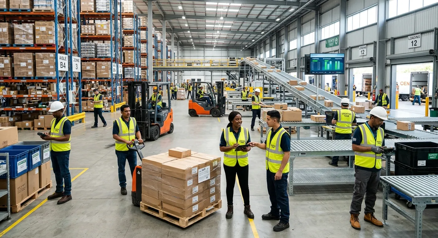 A modern, high-energy logistics hub with workers coordinating the movement of goods, featuring a div... A modern, high-energy logistics hub with workers coordinating the movement of goods, featuring a diverse team in a bright warehouse. Mood: Efficient, dynamic, and professional.