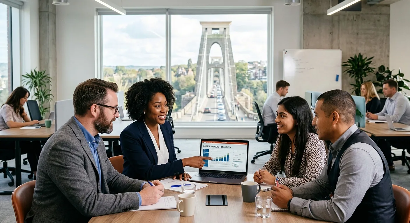 A professional, dynamic photo of a diverse team of business professionals in a modern Bristol office... A professional, dynamic photo of a diverse team of business professionals in a modern Bristol office, collaborating over a laptop. The foreground is in sharp focus, with the iconic Clifton Suspension Bridge visible through a window, blending city pride with a corporate setting.