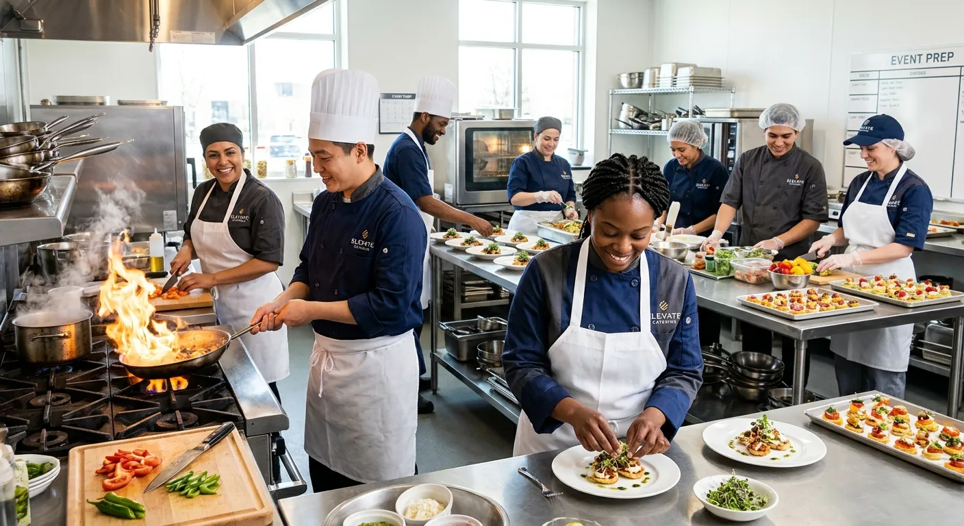 A dynamic, professional photo of a diverse team of catering staff in crisp uniforms, confidently preparing a gourmet event in a modern kitchen. Style is bright, energetic, and high-contrast.