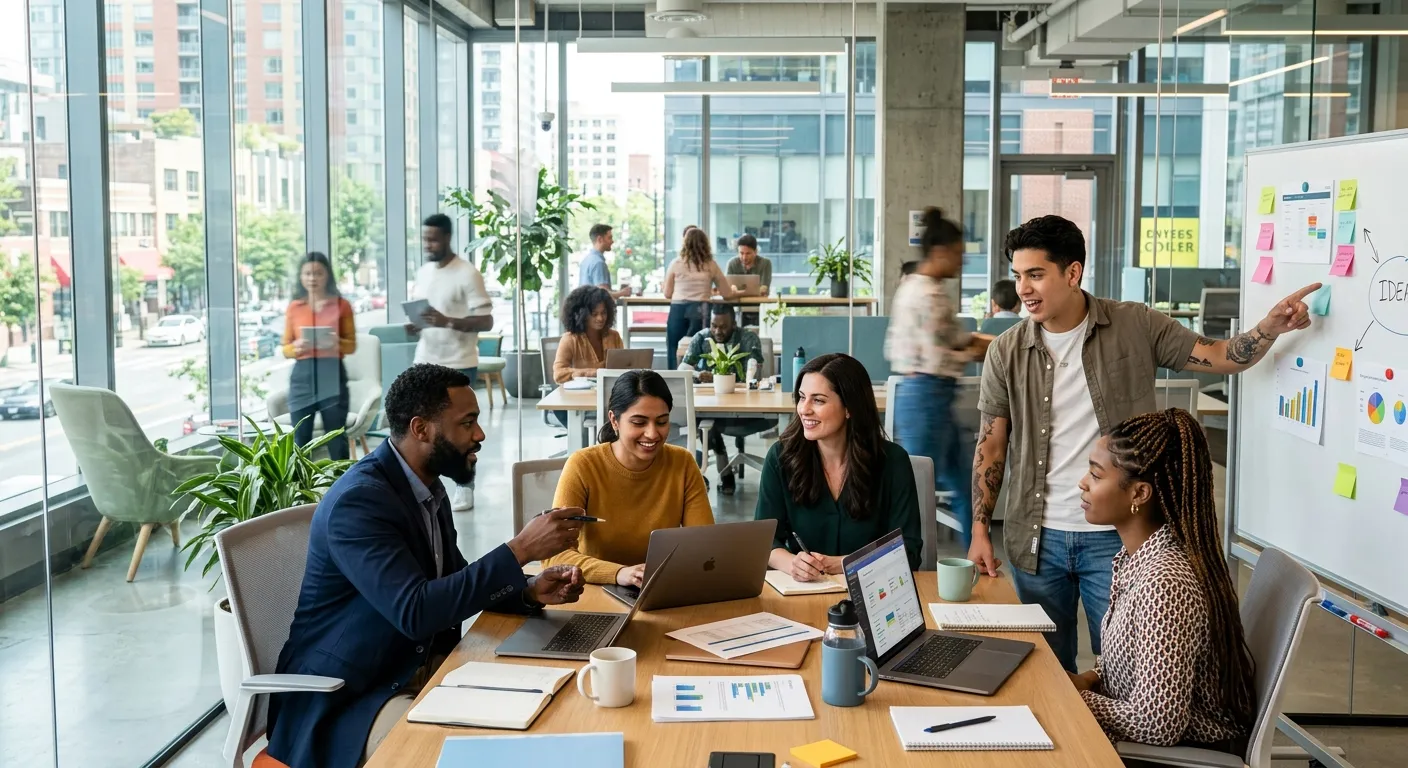 Modern, high-energy office environment showcasing a diverse team of temporary professionals and agency recruiters collaborating in a bright, glass-walled workspace. Style: Professional, dynamic, and vibrant.