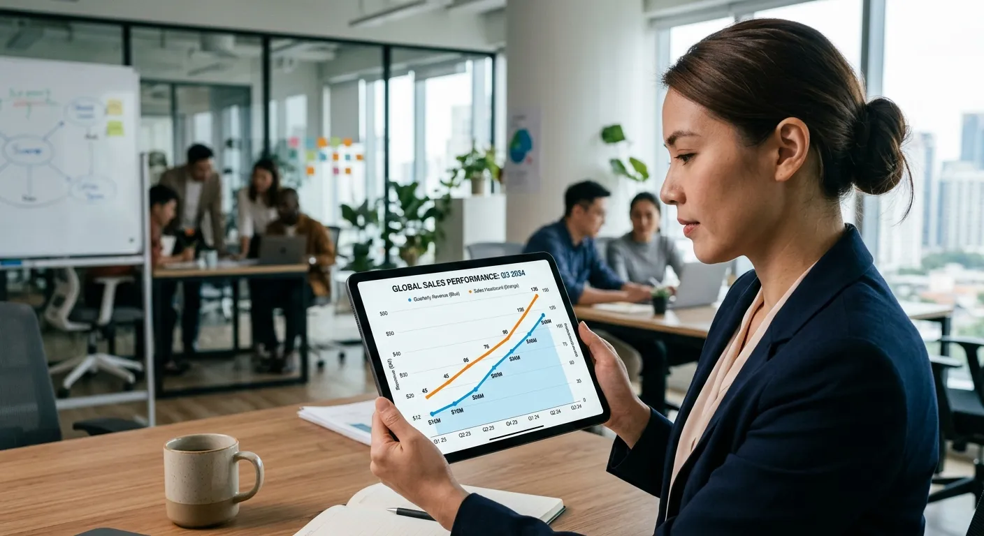 A professional, dynamic chart on a tablet screen showing a steep upward trend line for
