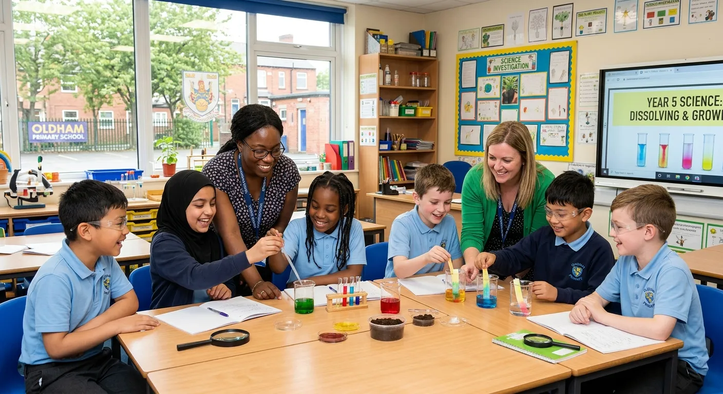 A diverse group of happy teachers and pupils in a modern, well-equipped Oldham primary school classroom, engaged in a hands-on science activity. Professional, bright, and welcoming mood.