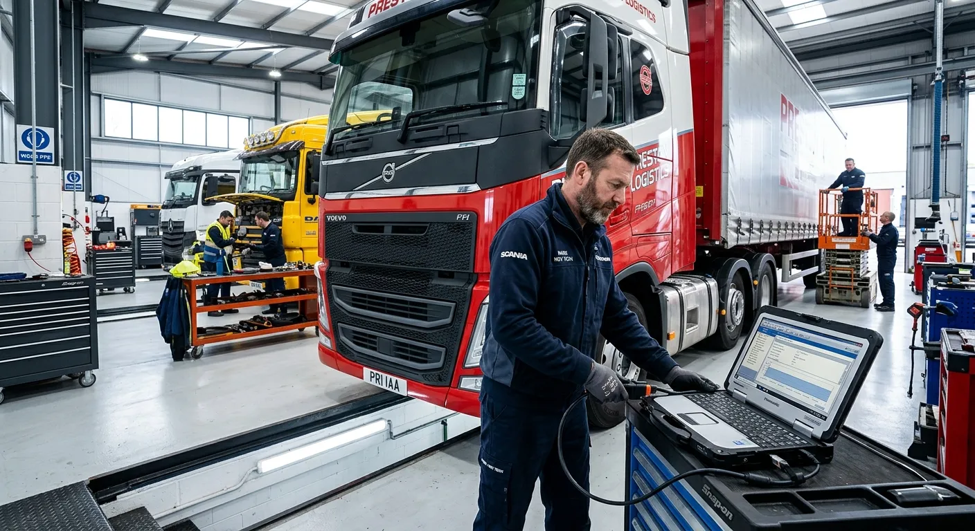 A skilled HGV technician in a clean, modern workshop in Preston, using a diagnostic laptop connected... A skilled HGV technician in a clean, modern workshop in Preston, using a diagnostic laptop connected to a large articulated lorry. The workshop is bright, organised, and features other technicians working collaboratively in the background.