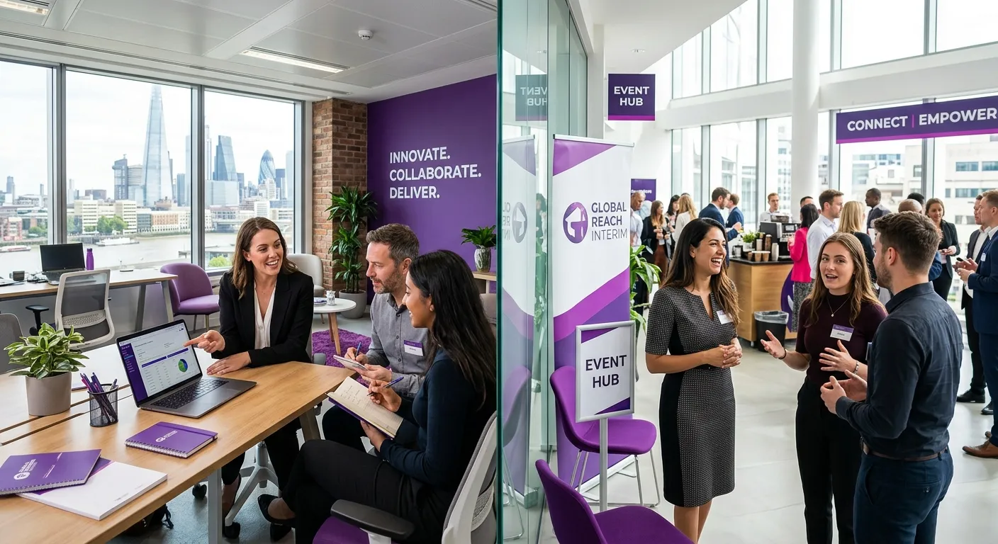 Modern London office and event venue split visual with confident interim contractors, purple accents, bright daylight, professional and energetic mood
