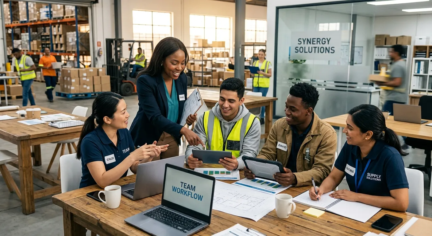 A professional, high-energy photo of a diverse team of temporary workers and a hiring manager collab... A professional, high-energy photo of a diverse team of temporary workers and a hiring manager collaborating in a modern office or warehouse setting. The image should convey efficiency, partnership, and dynamic action. Style: Corporate, vibrant, and authentic. Mood: Empowering and solution-focused.
