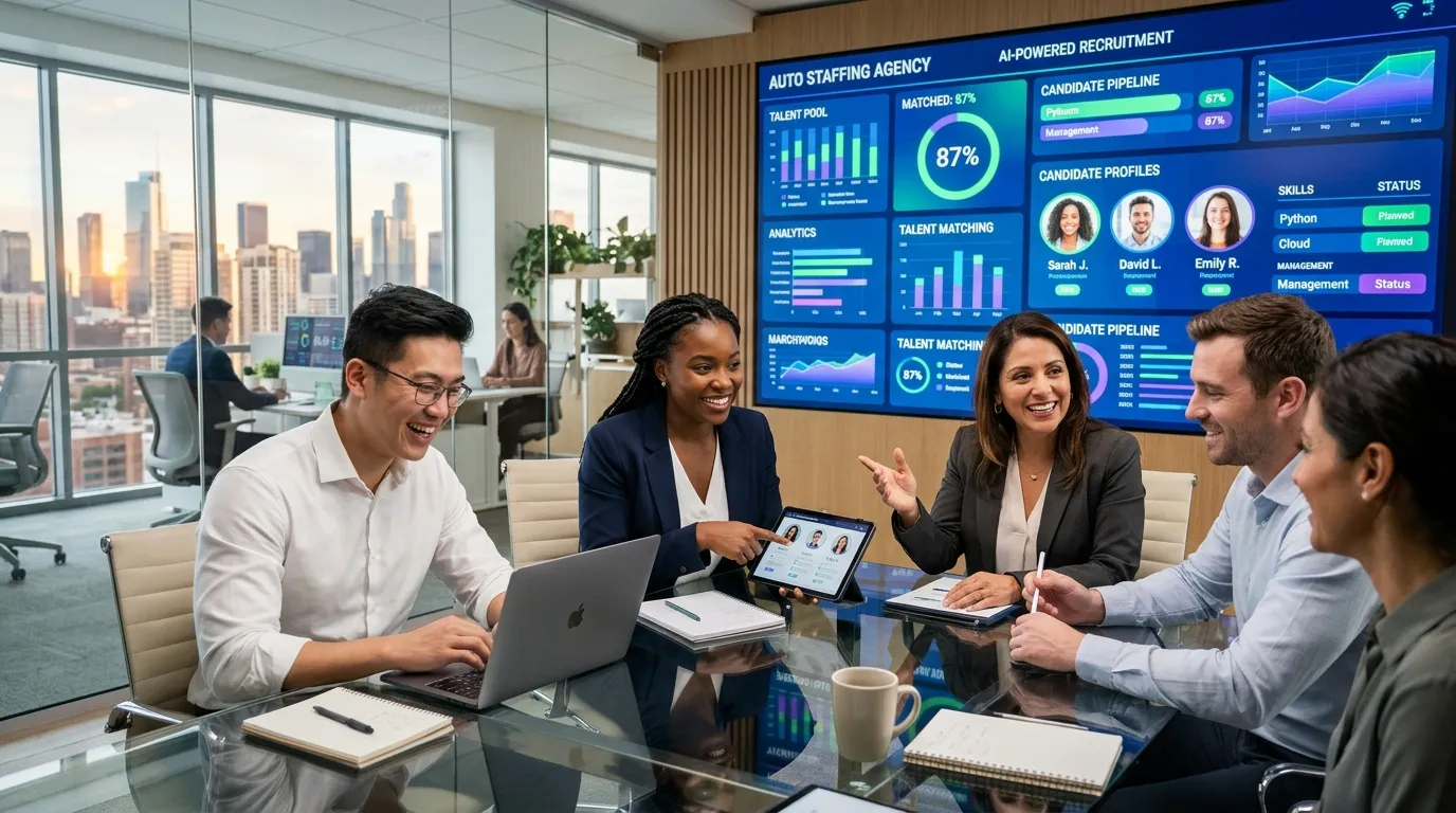 A modern, dynamic hero image showing a diverse team of professionals in a bright, tech-enabled offic... A modern, dynamic hero image showing a diverse team of professionals in a bright, tech-enabled office. On a large digital screen in the background, data visualizations and automated candidate profiles are displayed, symbolizing the power of an Auto Staffing Agency. Style: Corporate, futuristic, optimistic mood.