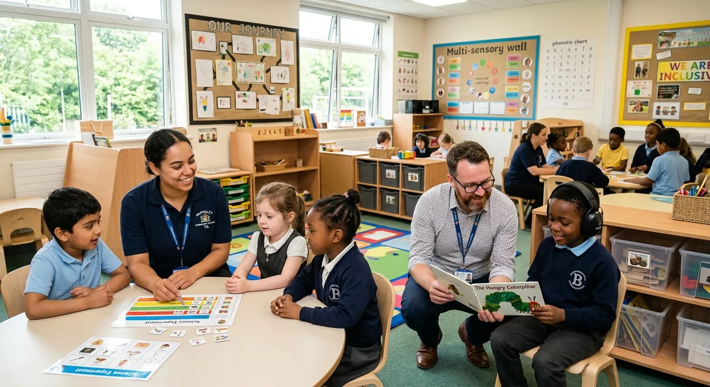 A diverse group of friendly Teaching Assistants and SEN specialists working collaboratively with pri... A diverse group of friendly Teaching Assistants and SEN specialists working collaboratively with primary school children in a bright, modern classroom in Barnsley. One TA is using visual aids with a small group, another is offering one-on-one support. Style: authentic, warm, professional. Mood: supportive, educational, and inclusive.
