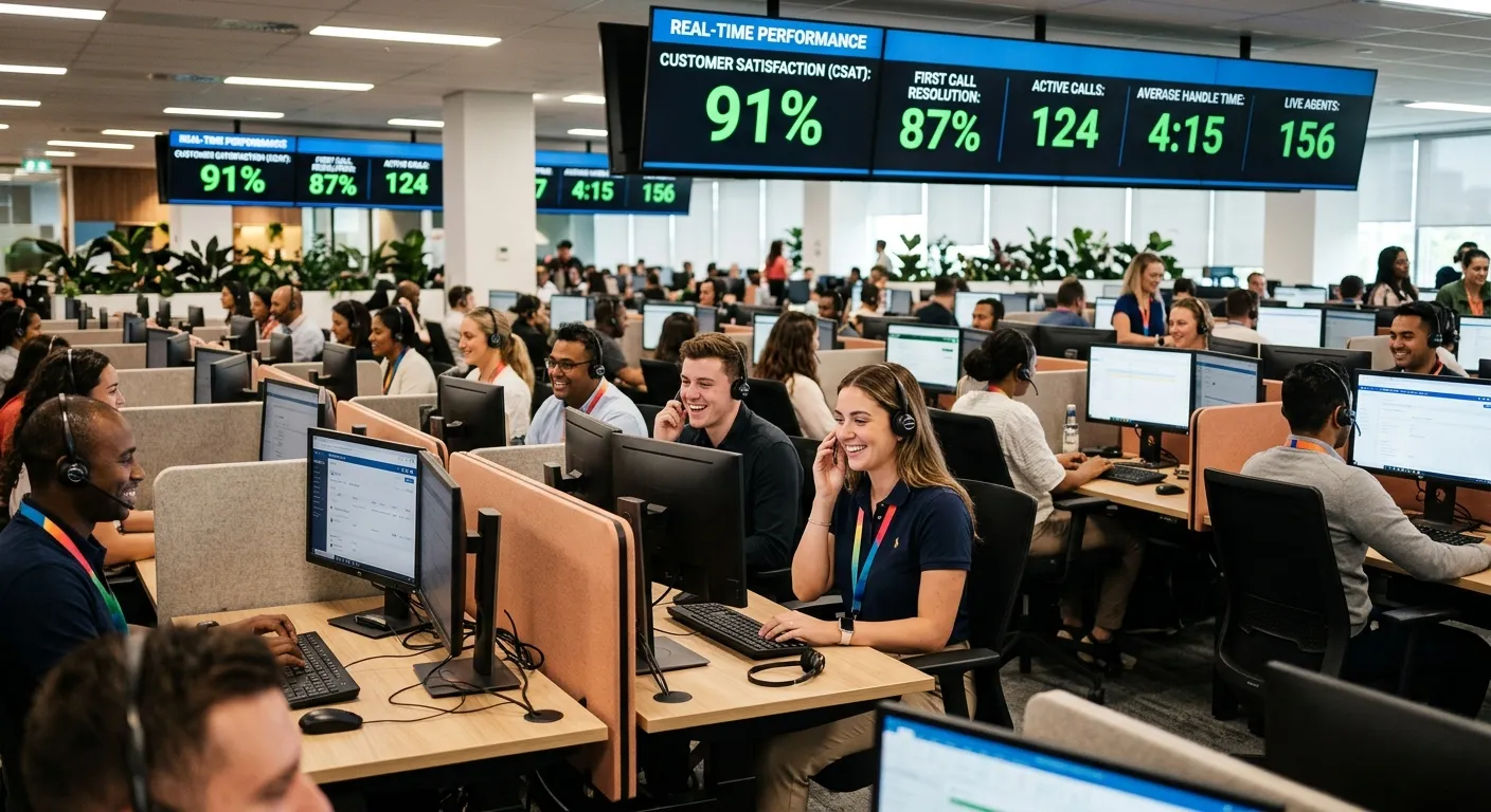 A modern, energetic call centre floor during a peak period, with temporary agents wearing headsets and smiling, with large screens displaying real-time customer satisfaction metrics.