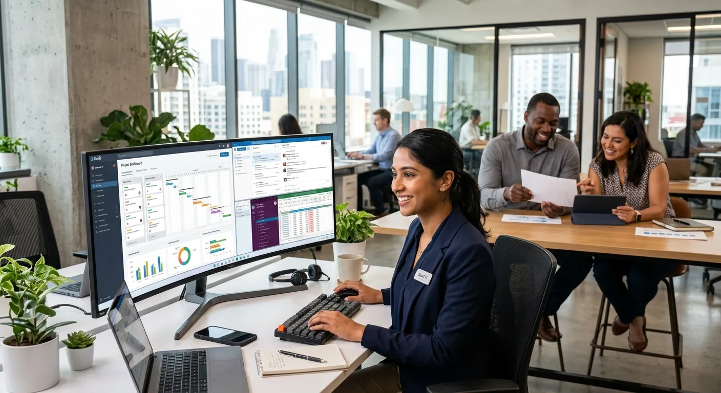 A modern, professional office setting. A diverse team is collaborating, with a focused assistant man... A modern, professional office setting. A diverse team is collaborating, with a focused assistant managing multiple digital tasks on a large monitor. The assistant is smiling, looking efficient and capable. Style is bright, crisp, and professional with a focus on productivity tools.