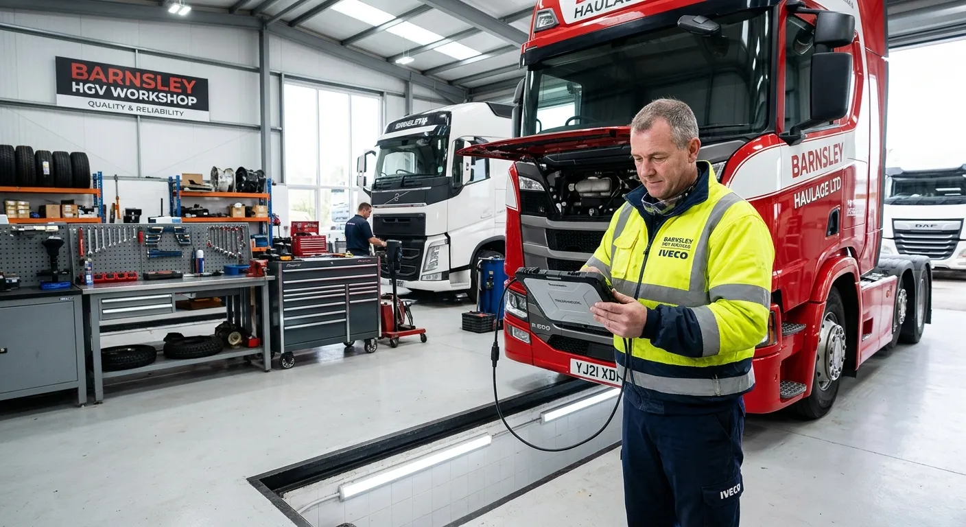 A professional, confident LGV/HGV technician working in a bright modern workshop in Barnsley, South... A professional, confident LGV/HGV technician working in a bright modern workshop in Barnsley, South Yorkshire, wearing high-visibility workwear and checking a large goods vehicle diagnostic tablet, with a clean fleet workshop, tools, and a parked HGV in the background, realistic and trustworthy