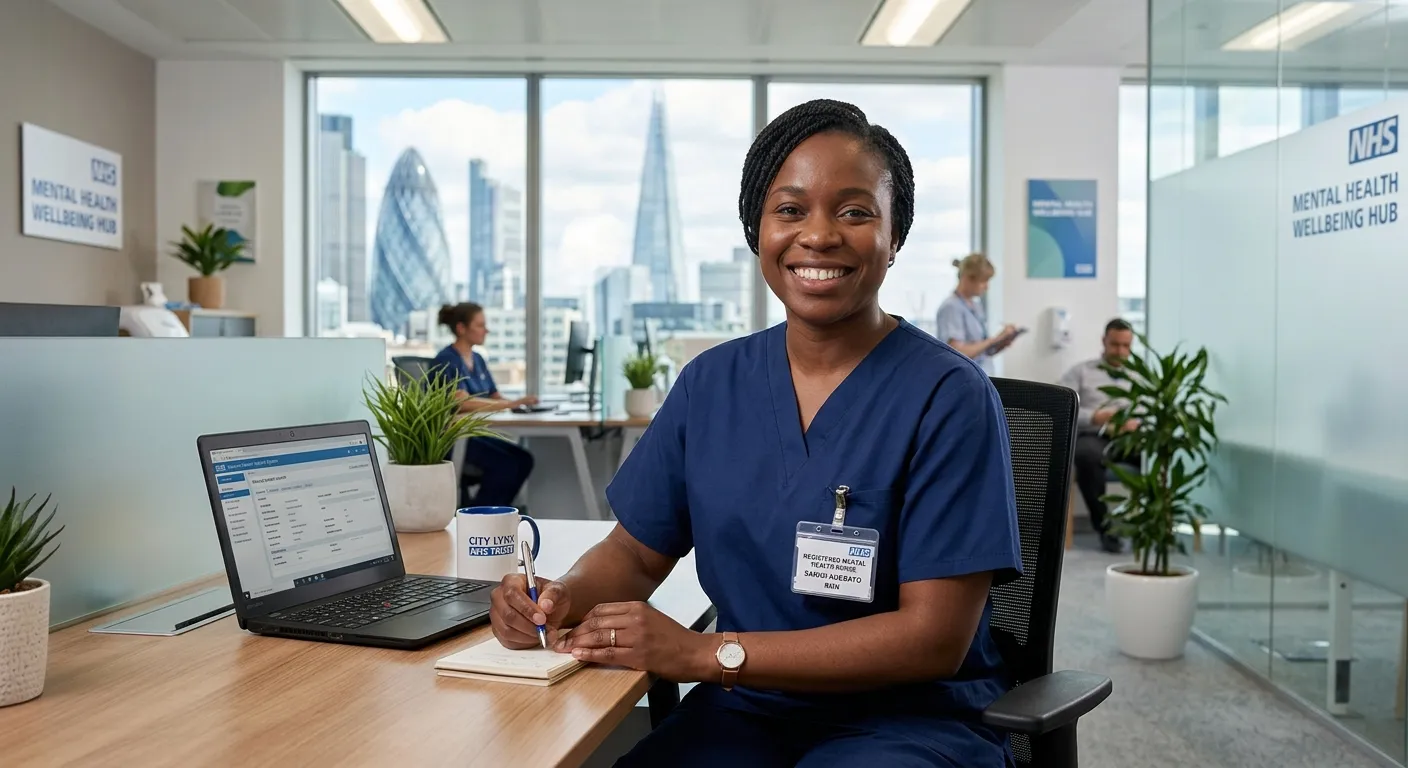 A professional, confident Registered Mental Health Nurse in a modern clinical setting in the City of London, looking at the camera with a reassuring smile. The mood is competent, trustworthy, and career-focused.