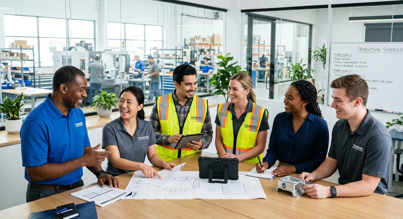 A professional, diverse team of office and light industrial staff collaborating in a bright, modern... A professional, diverse team of office and light industrial staff collaborating in a bright, modern workspace, smiling and looking engaged. Style: Bright, aspirational, professional photography.