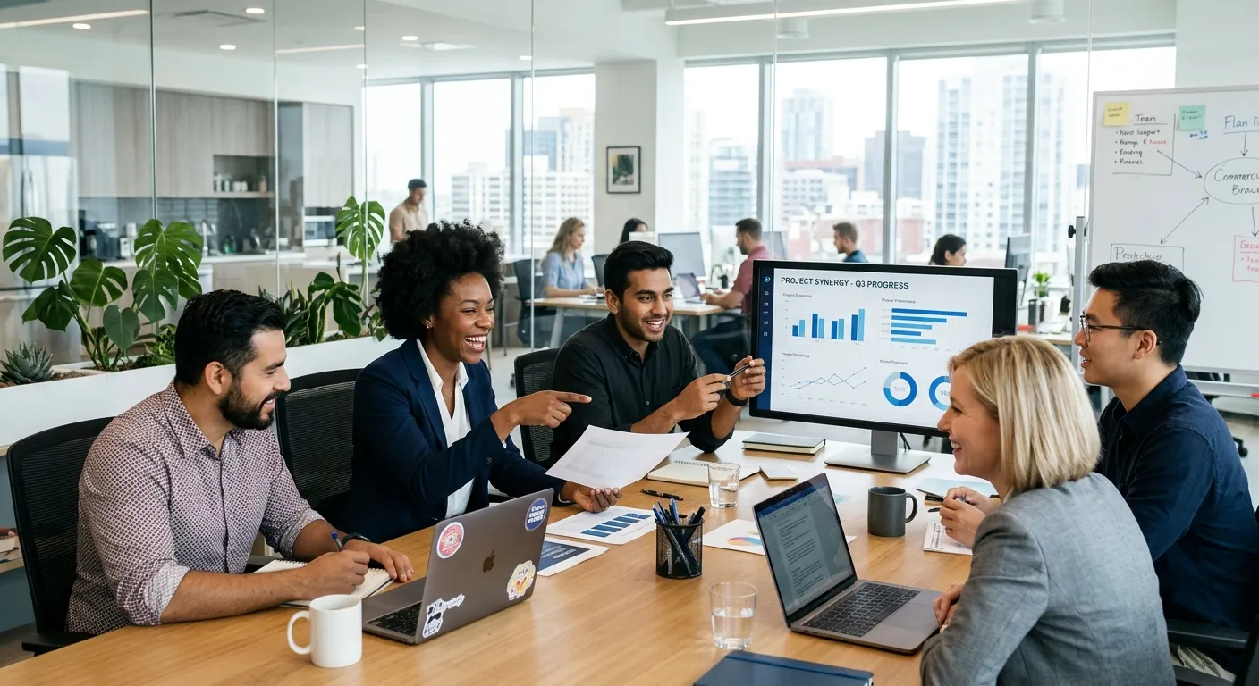Professional office setting with diverse team collaborating in a modern, bright workspace, focusing... Professional office setting with diverse team collaborating in a modern, bright workspace, focusing on communication and productivity