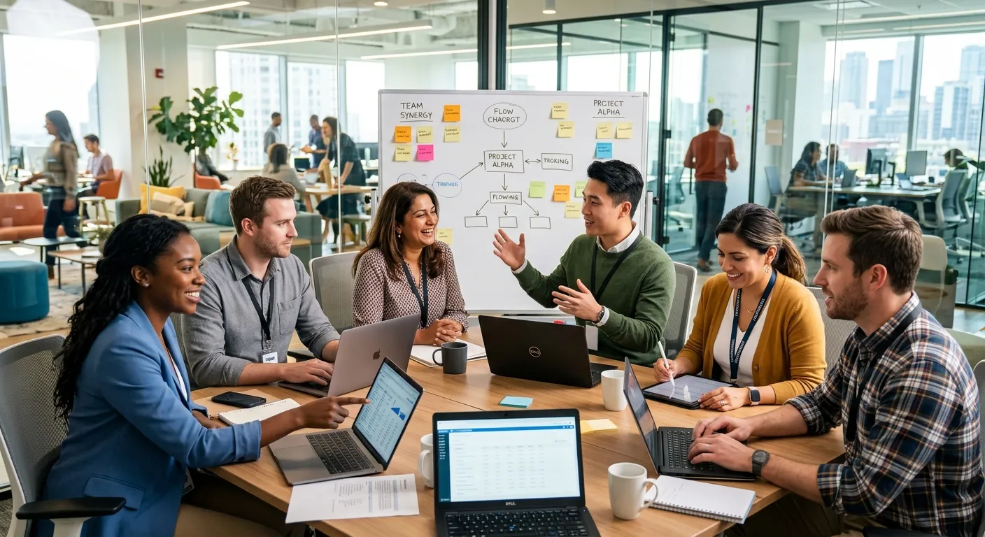 A modern, dynamic office environment with a diverse team of temporary workers collaborating seamlessly with permanent staff. Focus on technology, flexibility, and professional interaction. Style: Professional stock photo with a vibrant, forward-looking mood.