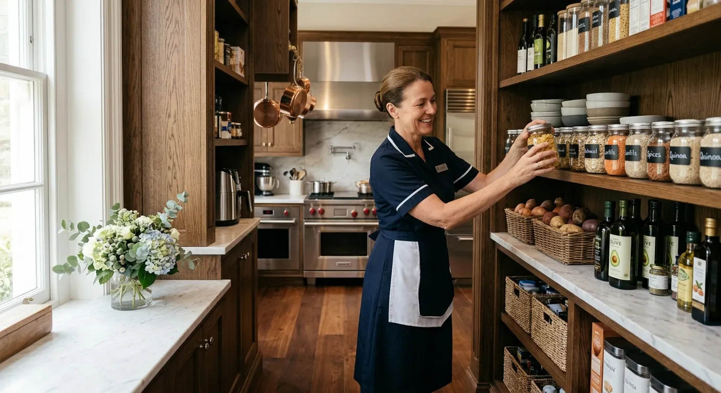 A professional, high-end kitchen where a housekeeper in a crisp uniform smiles while expertly organizing pantry shelves. The mood is clean, organized, and luxurious, with soft natural lighting.
