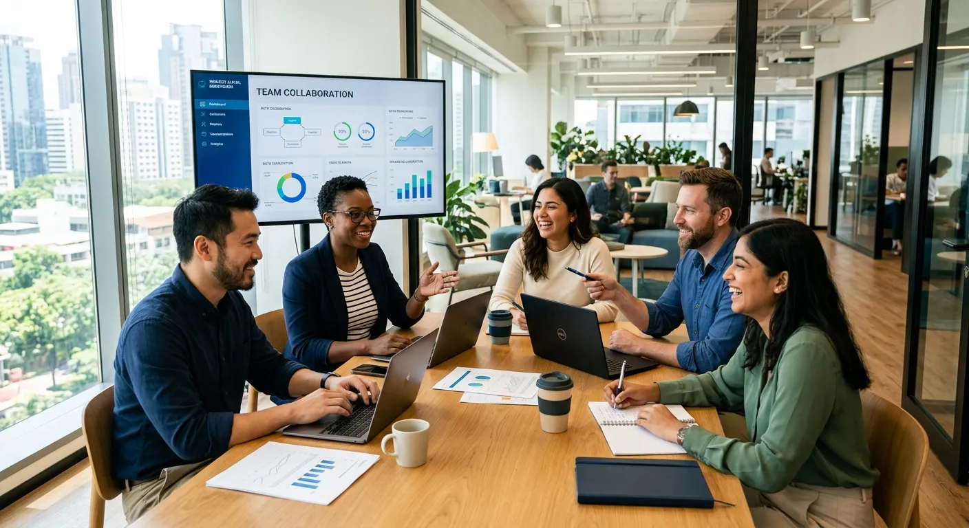 A modern, diverse team of professionals collaborating in a bright, sunlit office. Style is aspiratio... A modern, diverse team of professionals collaborating in a bright, sunlit office. Style is aspirational and professional, with a focus on teamwork and technology. Mood is positive and productive.