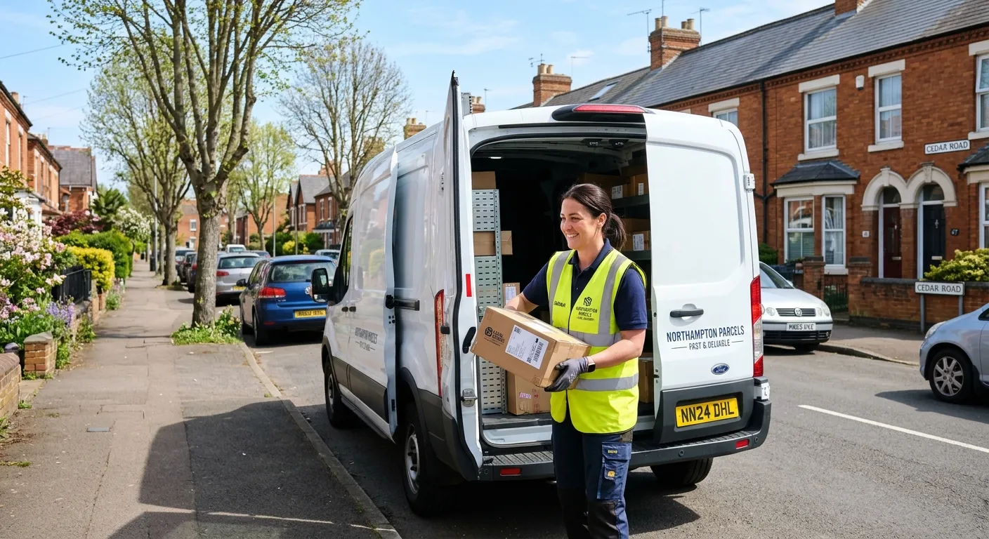 A professional, friendly van driver in a hi-vis vest, loading a parcel into a modern delivery van on... A professional, friendly van driver in a hi-vis vest, loading a parcel into a modern delivery van on a residential street in Northampton. Bright, clear day, conveying reliability and local service.