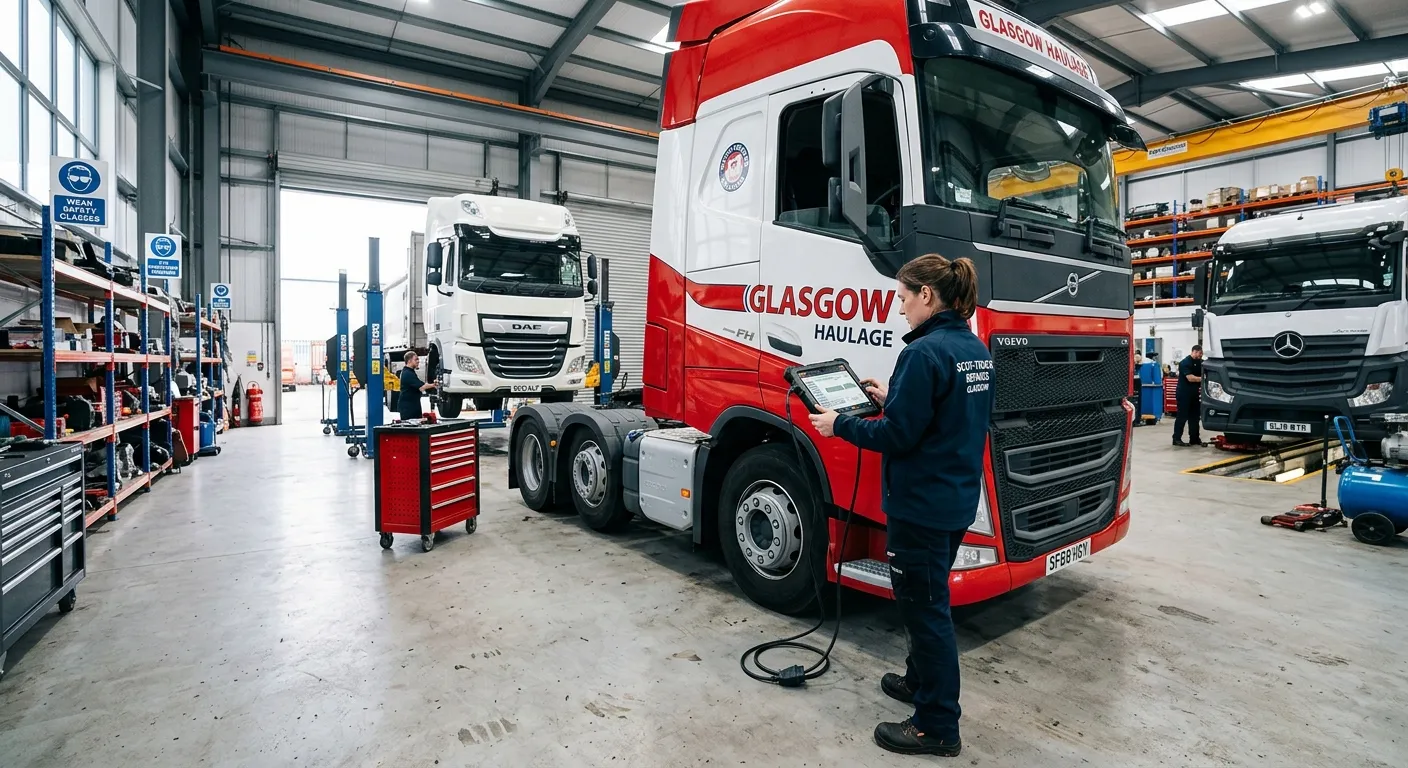 A modern, well-lit HGV workshop bay in Glasgow, showing a technician using a diagnostic tablet connected to a tractor unit, with other vehicles visible in the background. The workshop should look clean, organised, and professional.