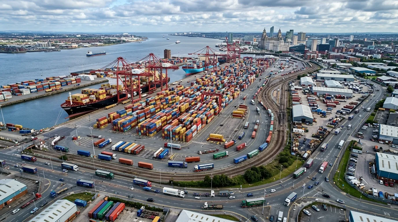 A wide-angle aerial photograph of the Liverpool docks and surrounding industrial estate, showing HGV... A wide-angle aerial photograph of the Liverpool docks and surrounding industrial estate, showing HGVs moving along access roads and container stacks