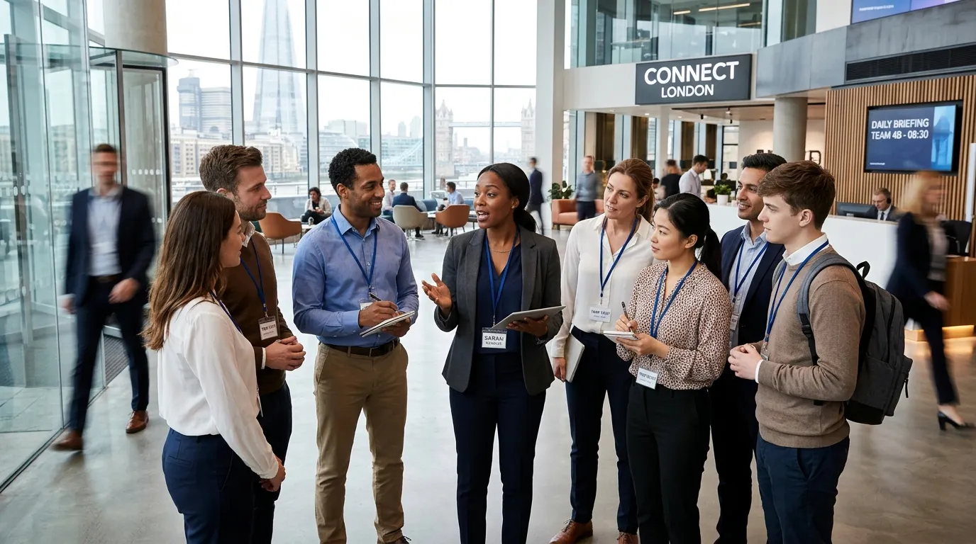 A dynamic, professional hero image showing a diverse group of temporary workers in smart-casual atti... A dynamic, professional hero image showing a diverse group of temporary workers in smart-casual attire being briefed by a manager in a modern London office lobby, conveying urgency, competence, and teamwork. Style: Modern, vibrant, professional photography. Mood: Energetic, reliable, and solution-oriented.