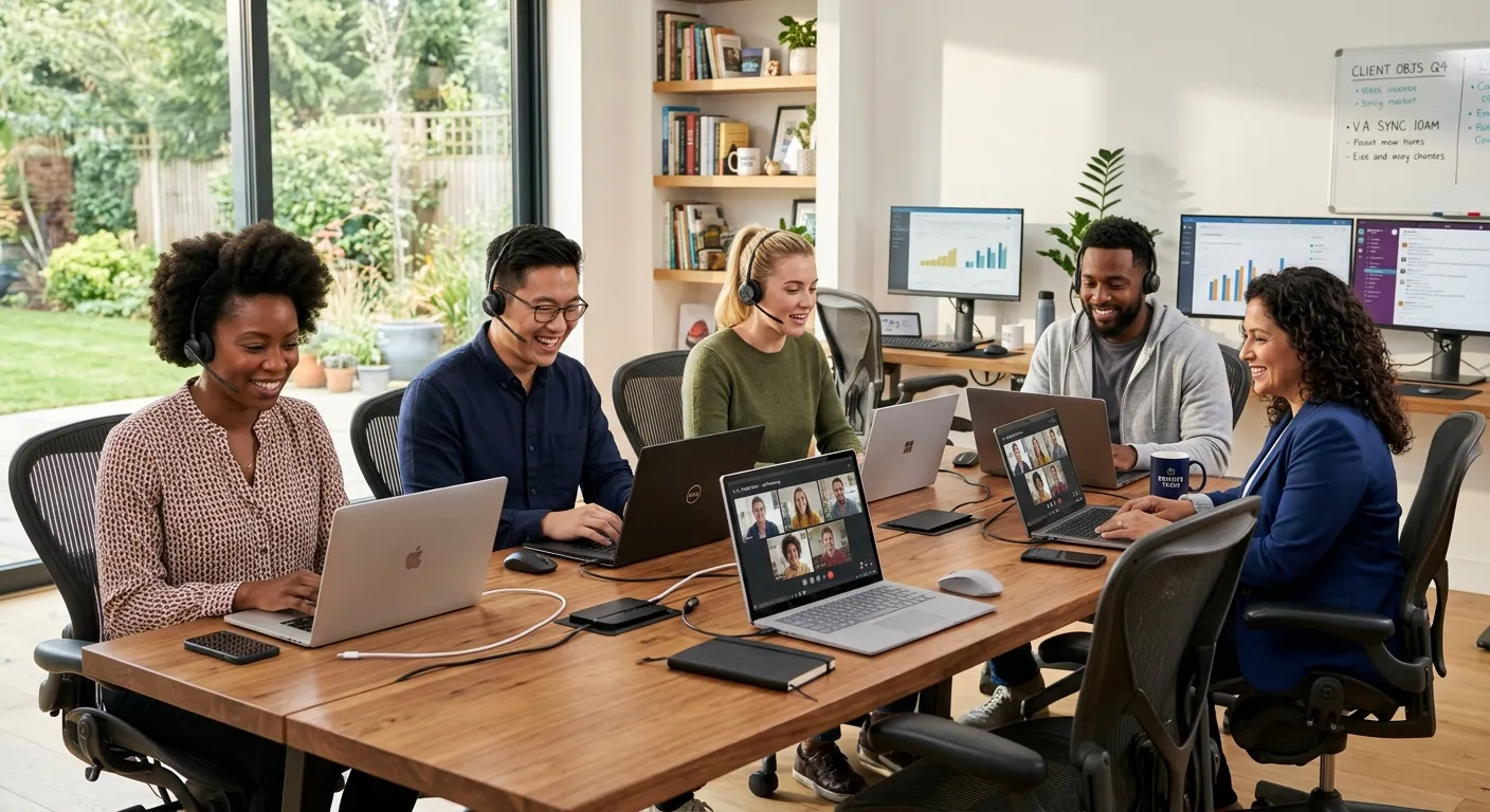 A diverse team of focused virtual assistants working on laptops in a modern, bright home office setting, smiling and collaborating via video call. Style: professional, aspirational, high-quality stock photo.