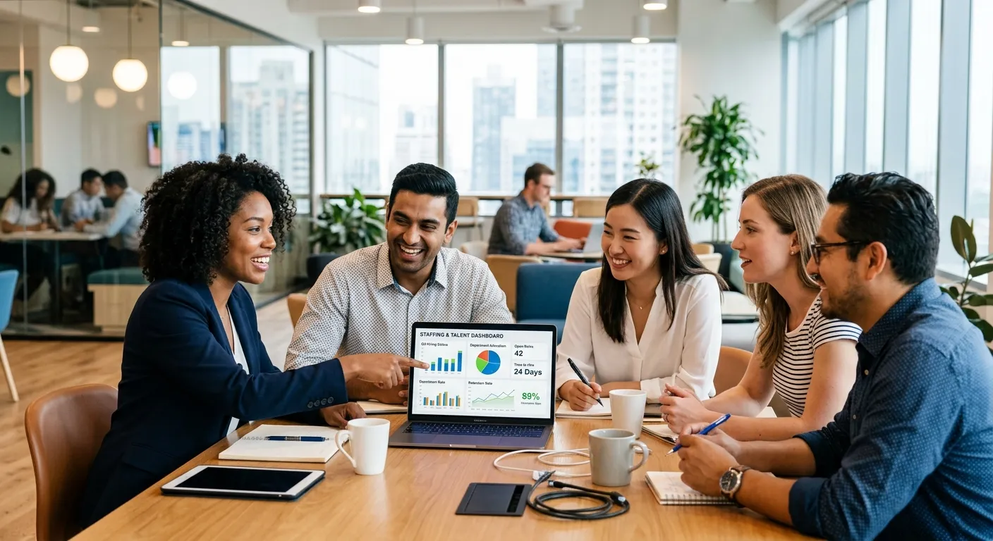 A dynamic, professional hero image showing a diverse team collaborating in a modern office setting, with a laptop screen displaying a staffing dashboard. Style: Bright, optimistic, high-resolution professional photography. Mood: Efficient, collaborative, and tech-savvy.