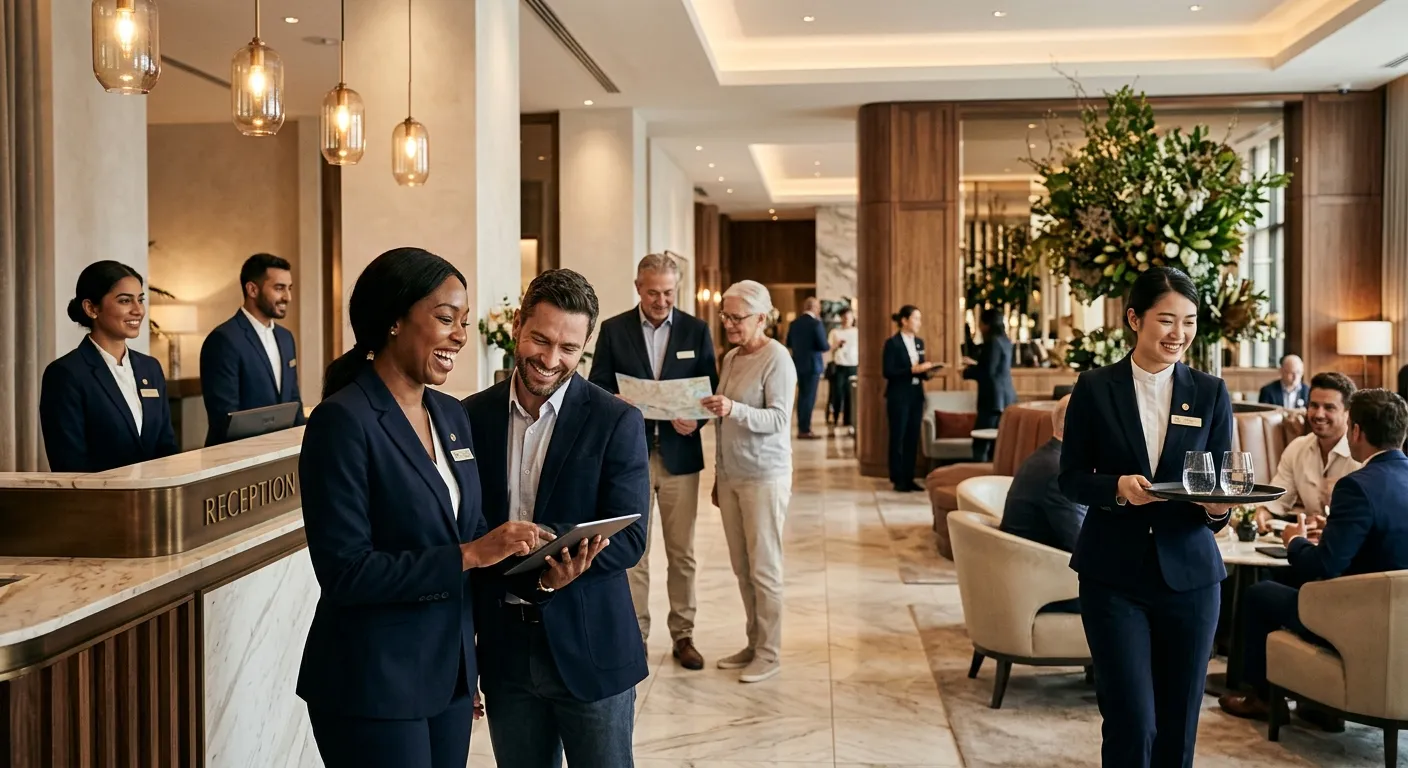 A professional, diverse team of hospitality staff in a modern hotel lobby, smiling and interacting with guests. Warm, inviting atmosphere with soft lighting, showcasing front desk, concierge, and waiting staff. Style: Professional, high-resolution, editorial.