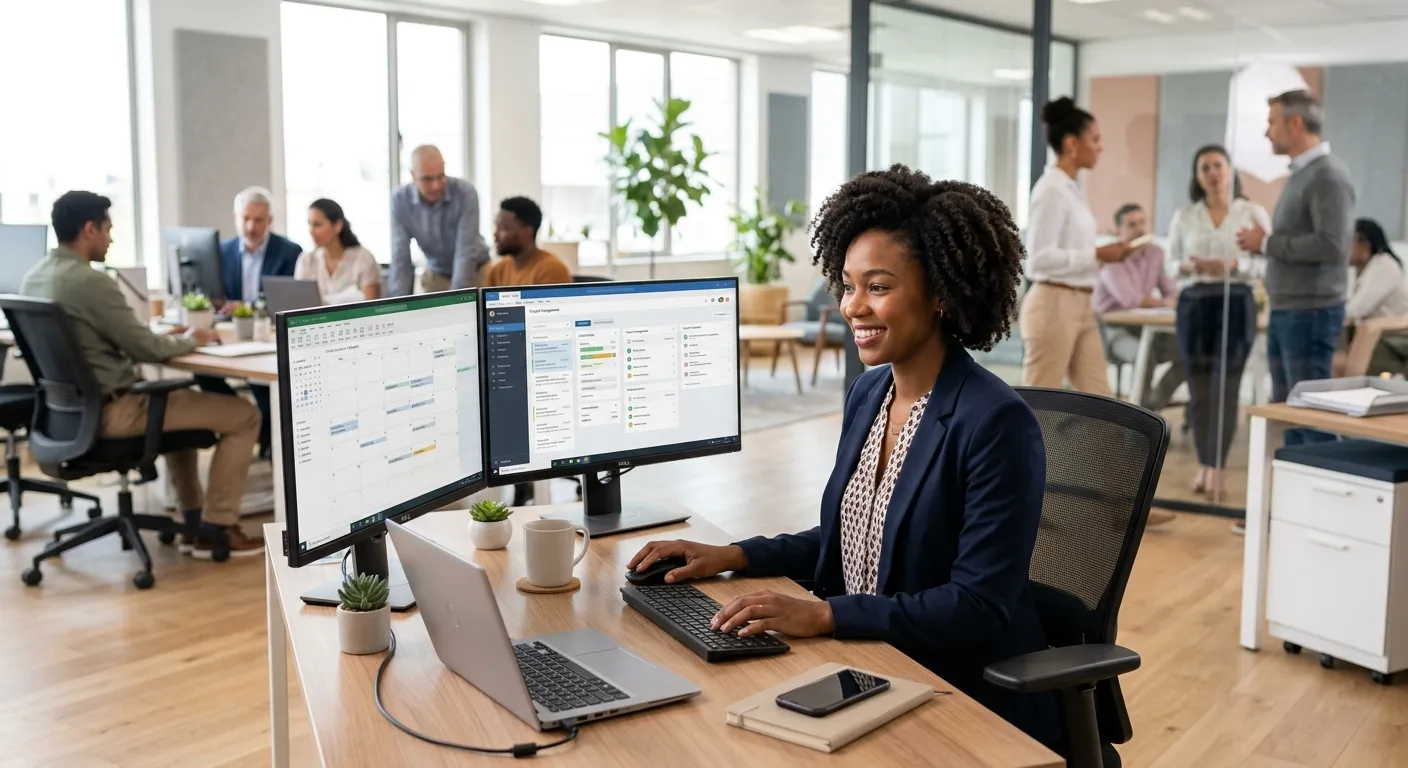 A modern, professional office setting with a diverse team. An Admin Assistant is efficiently managin... A modern, professional office setting with a diverse team. An Admin Assistant is efficiently managing tasks on dual monitors, smiling confidently. The mood is productive, organised, and bright. Style: High-resolution, professional stock photo with a slight focus blur on the background.