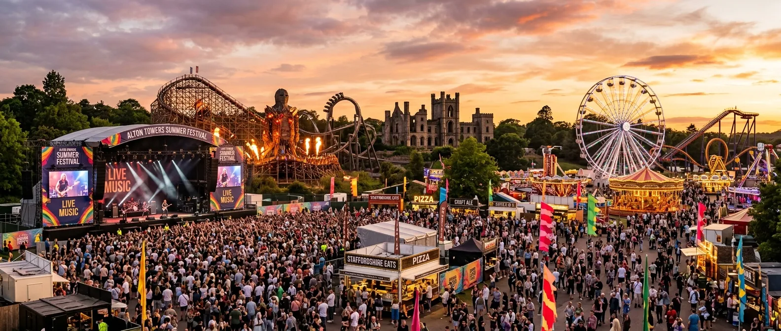 A vibrant, panoramic photo of a bustling summer festival in Staffordshire, such as Alton Towers' event with crowds, colourful rides, and a stage, taken during golden hour. High-energy, professional photography.