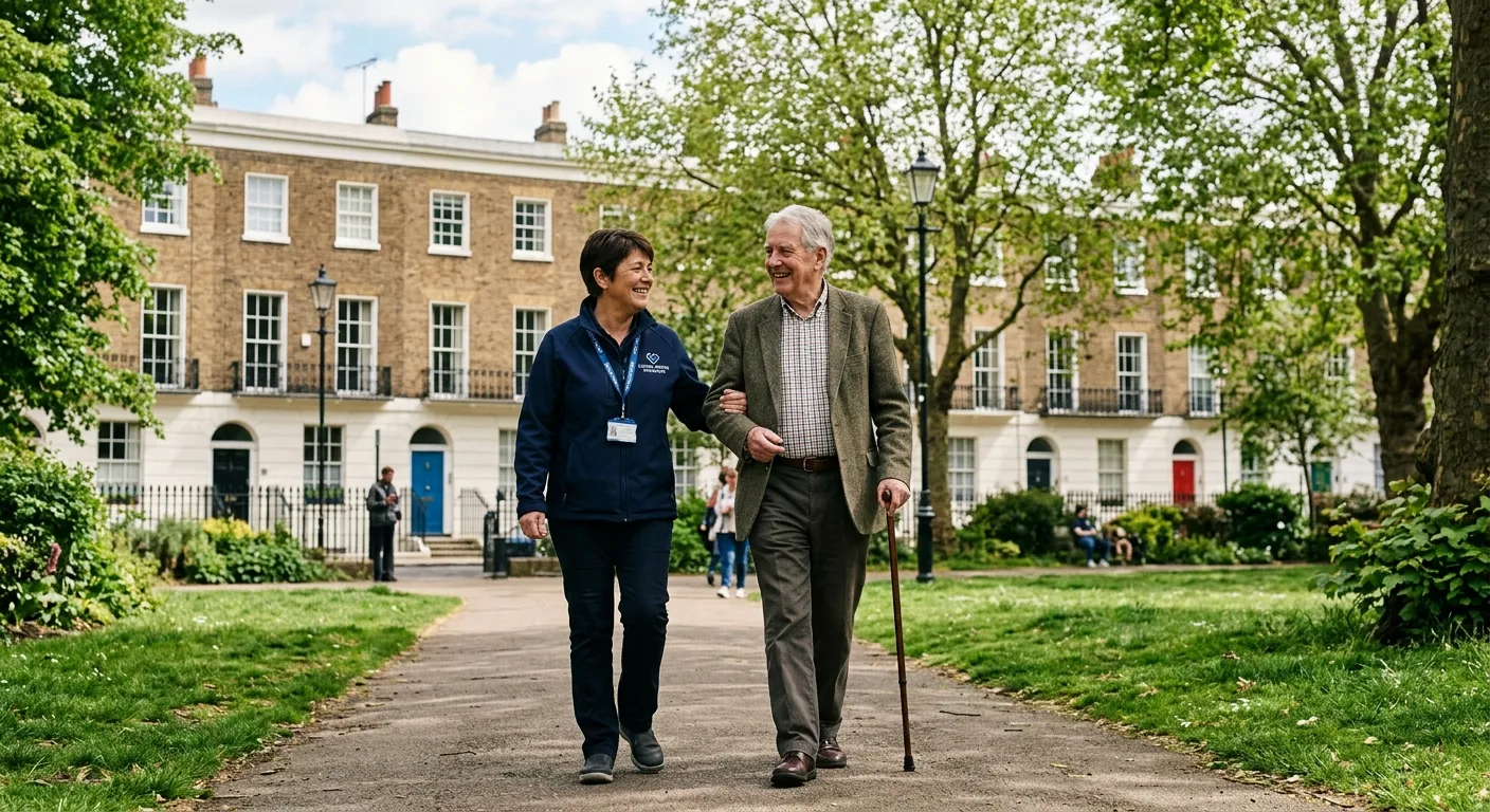 A friendly, professional support worker walking with a client through a park in Islington, London N1, with iconic Georgian houses in the background.