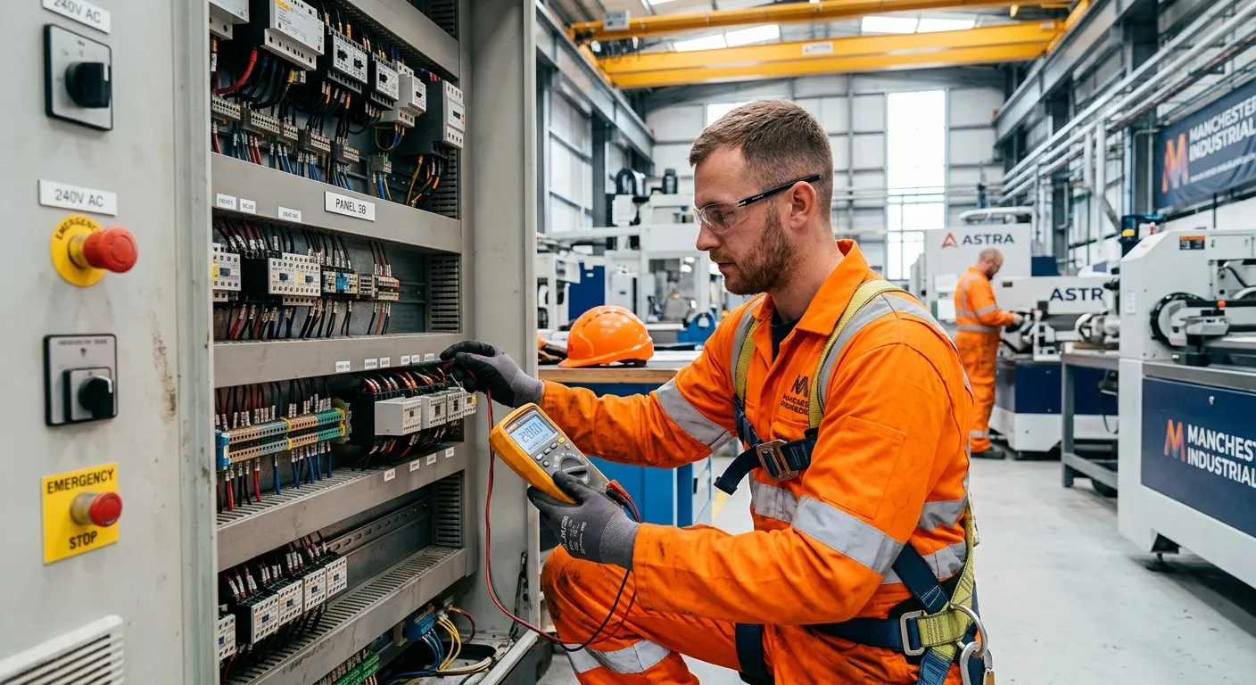 Professional photo of an electrician/mechanical fitter at work in a modern industrial setting in Manchester. They are wearing high-vis PPE and safety glasses, testing electrical systems on a complex machine panel. The atmosphere is bright, professional, and safety-focused.
