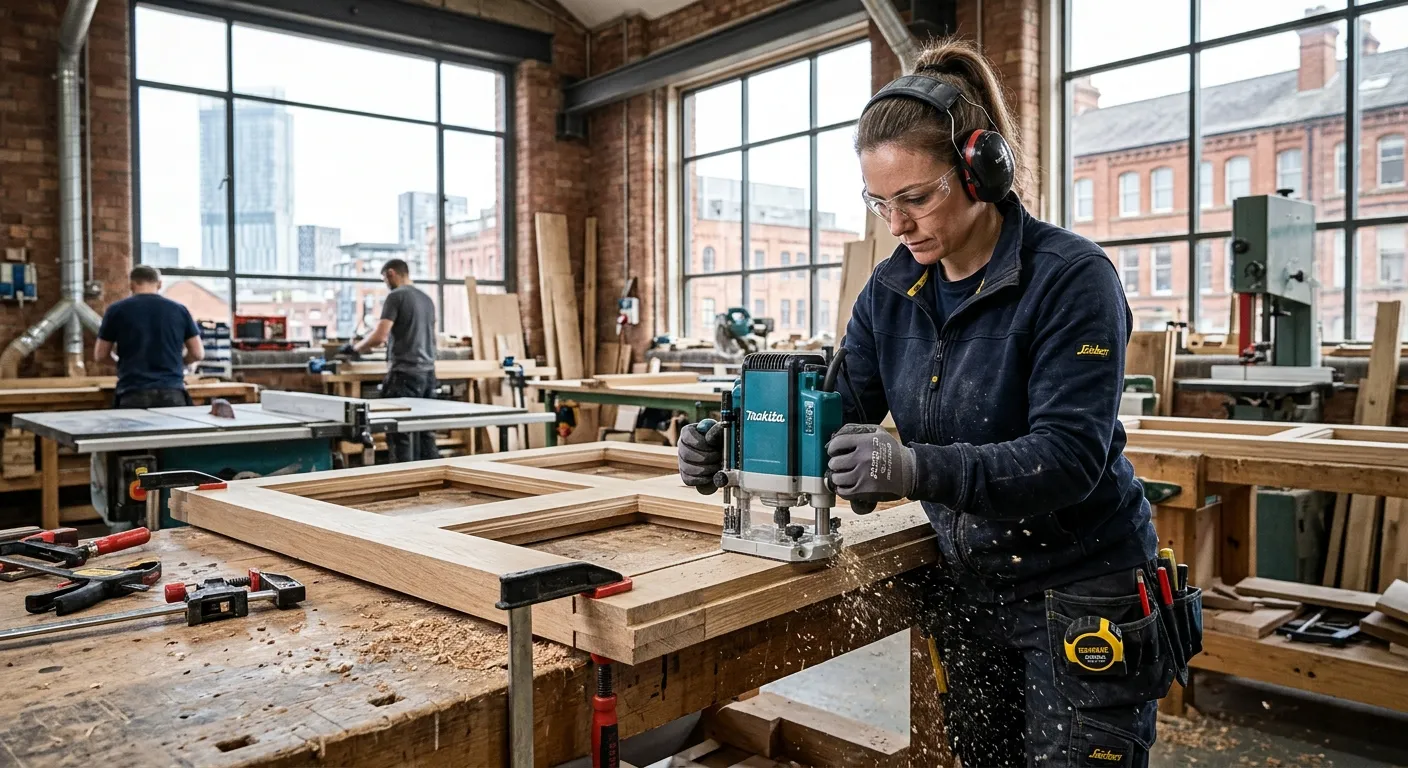 A professional, high-energy image of a skilled carpenter in modern workwear, confidently using a pow... A professional, high-energy image of a skilled carpenter in modern workwear, confidently using a power tool on a high-quality joinery project in a bright, well-lit commercial space in Manchester. Style: Authentic, professional, and aspirational.