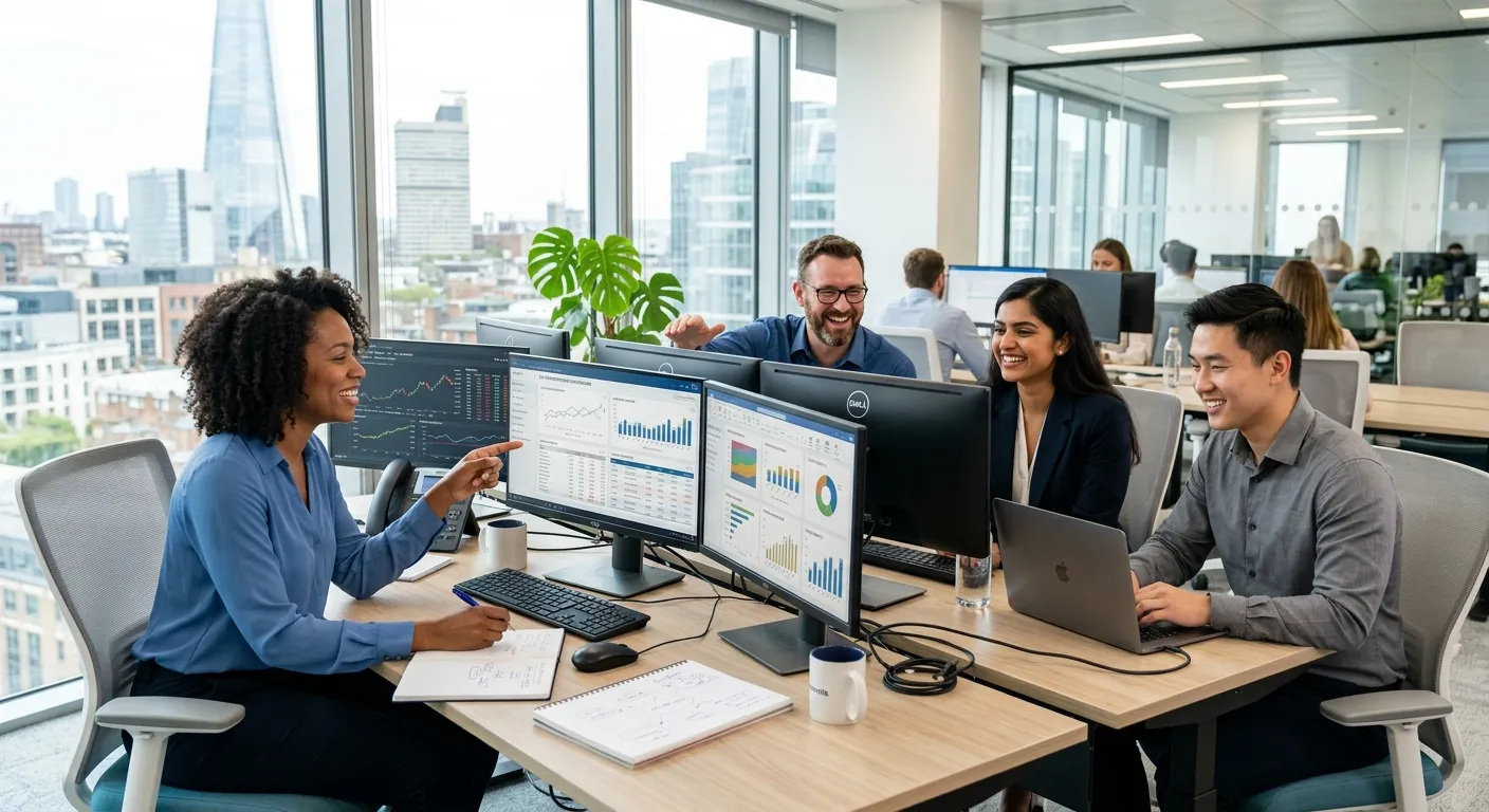 Professional hero image showing a diverse team of back office professionals collaborating in a moder... Professional hero image showing a diverse team of back office professionals collaborating in a modern, bright office. They are reviewing data on multiple monitors, smiling. Style: Corporate, aspirational, high-resolution.