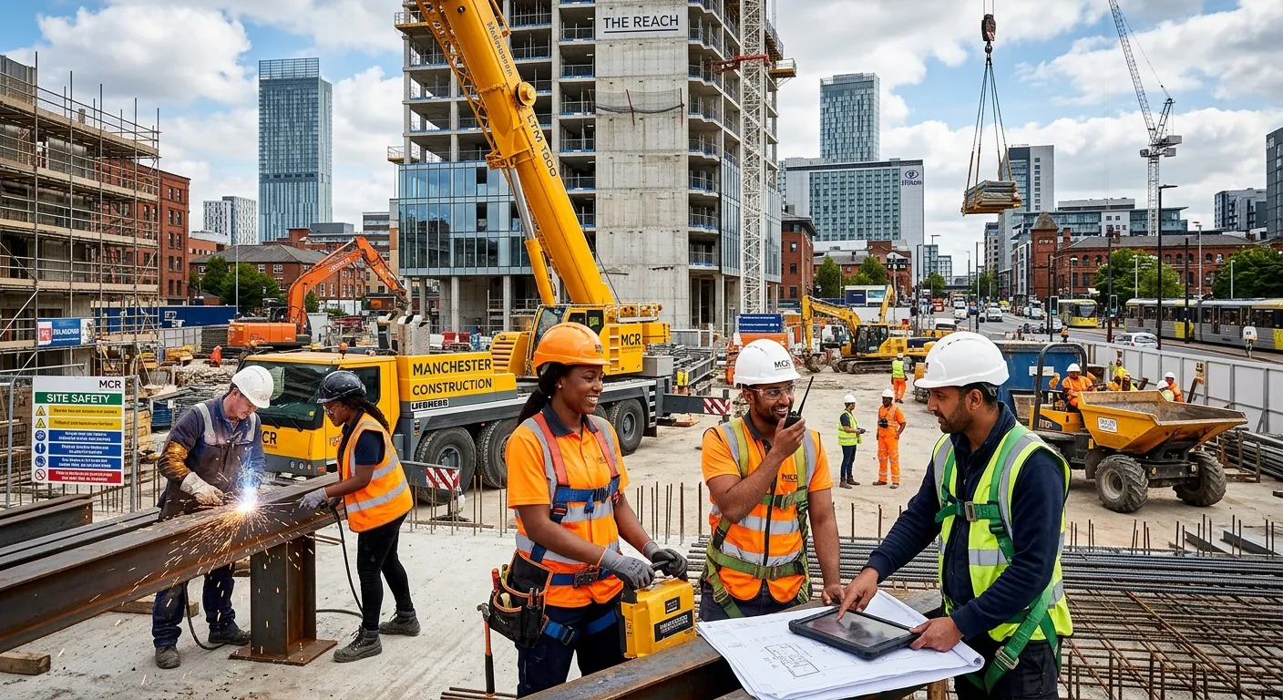 A dynamic, high-energy shot of a diverse construction crew working efficiently on a modern Manchester city-centre building site. Focus on teamwork, safety gear, and active machinery. Professional, vibrant, and aspirational mood.