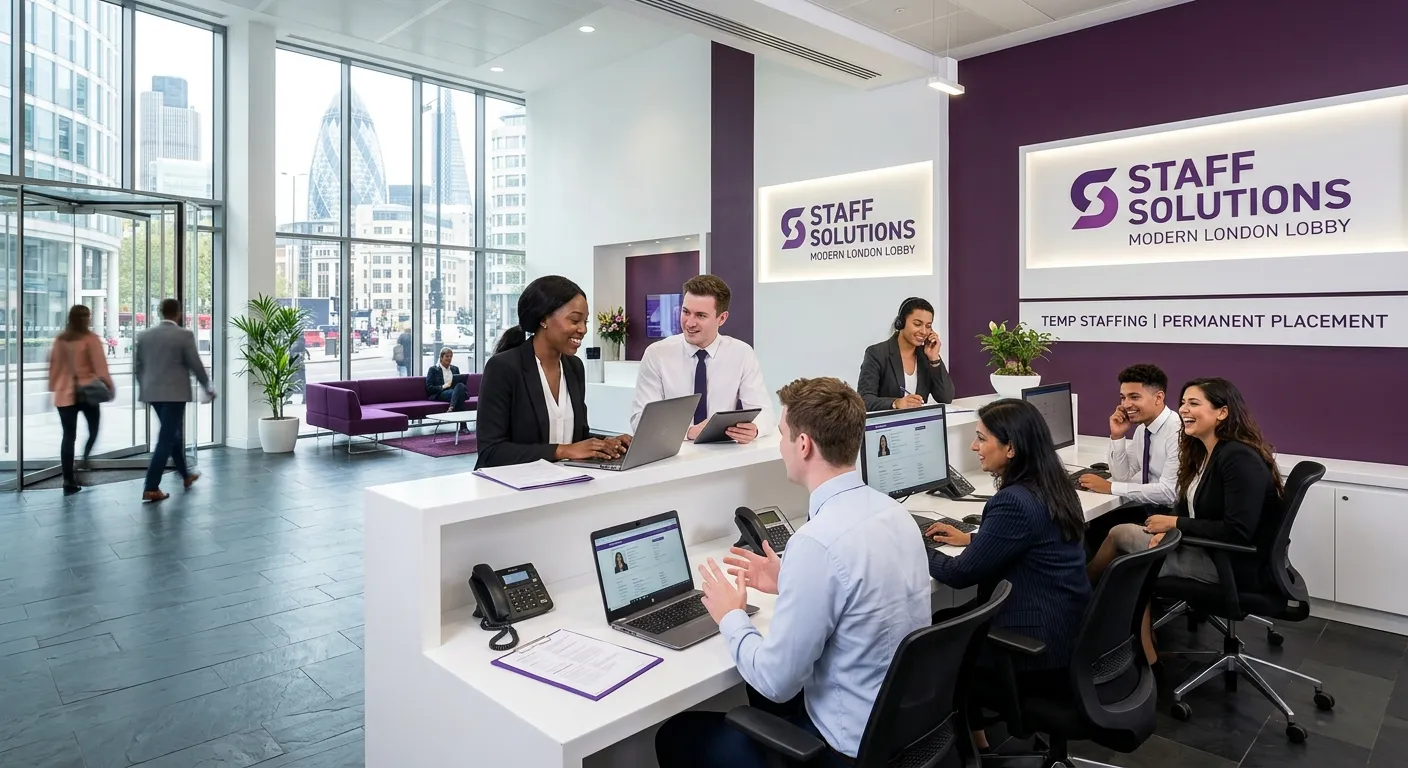 Modern London office lobby with diverse temporary staffing team, recruitment consultants, bright natural light, purple accent branding, clean corporate style, high-contrast white and slate tones