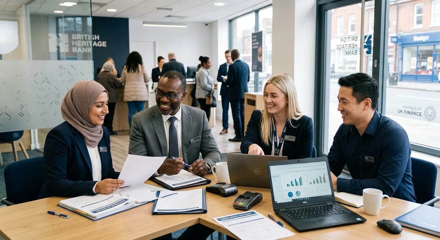 A professional, well-lit image of a diverse team of bank staff in a modern UK banking environment, smiling and collaborating at a desk with laptops and paperwork, conveying trust and compliance. Style: Corporate, authentic. Mood: Professional, competent, and inclusive.