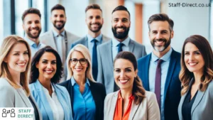 Happy clients and temporary workers collaborating in a modern office